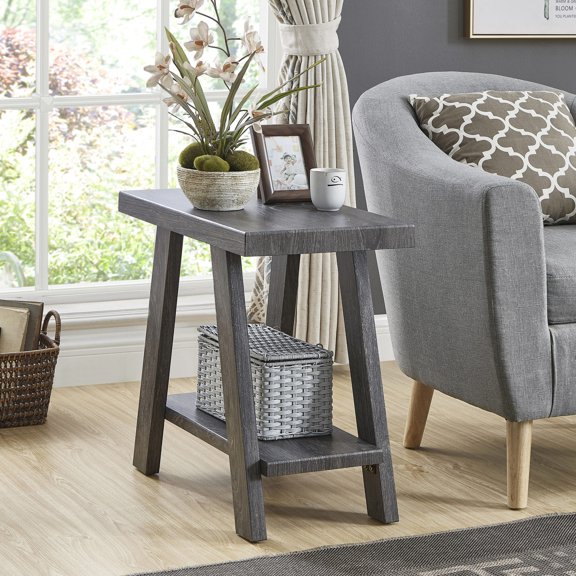 Gray Side Table with Under-Shelf / High-Quality Hardwood Material