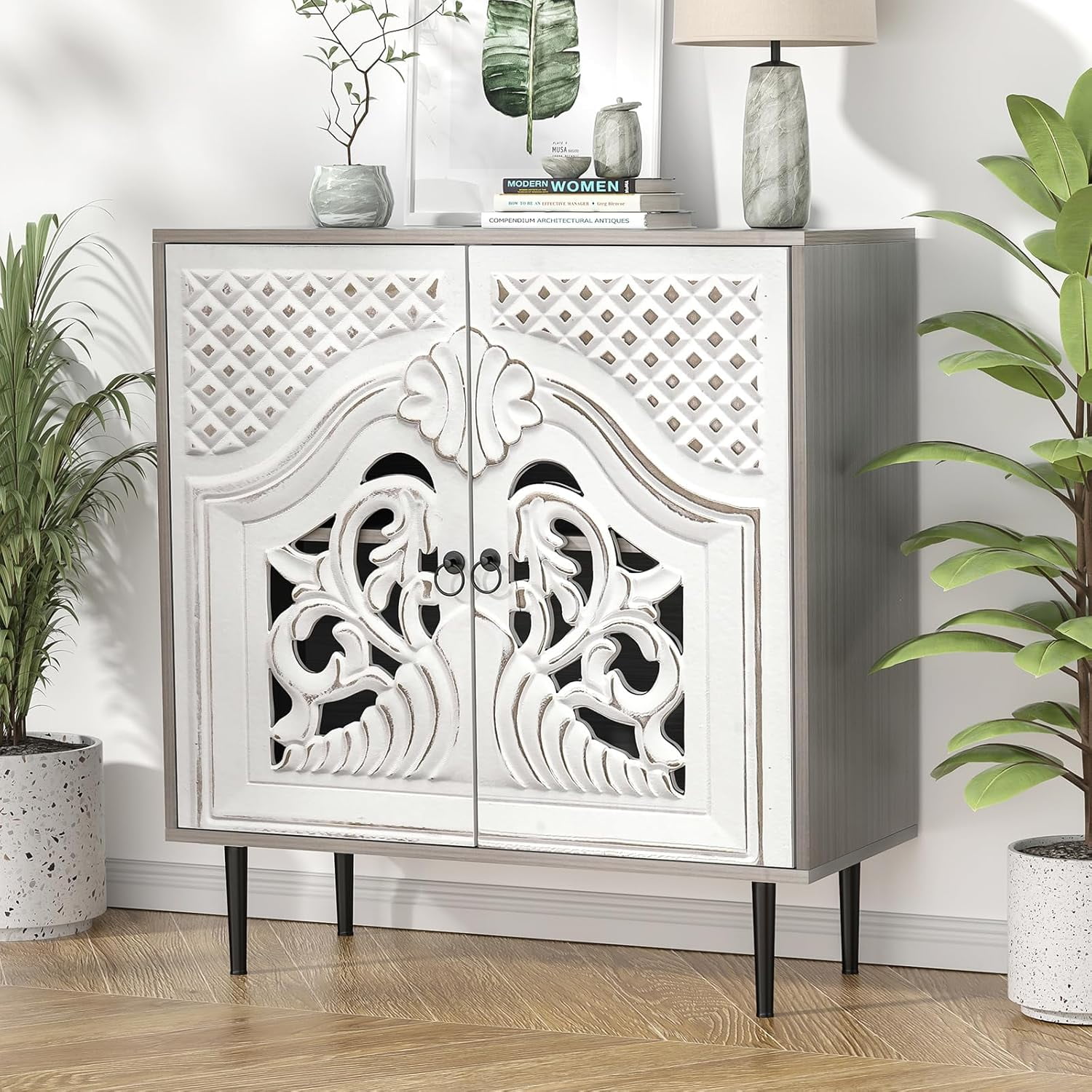 Gray Sideboard Kitchen Buffet with Door Carve Accent