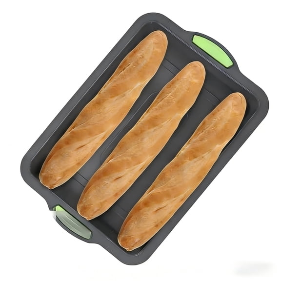 Gray Silicone Baking Pan with Green Grip Handles - Non-Stick Multi-Function Mold for Brownies, Bread & Cakes | Dishwasher-Safe Home Baking Accessory