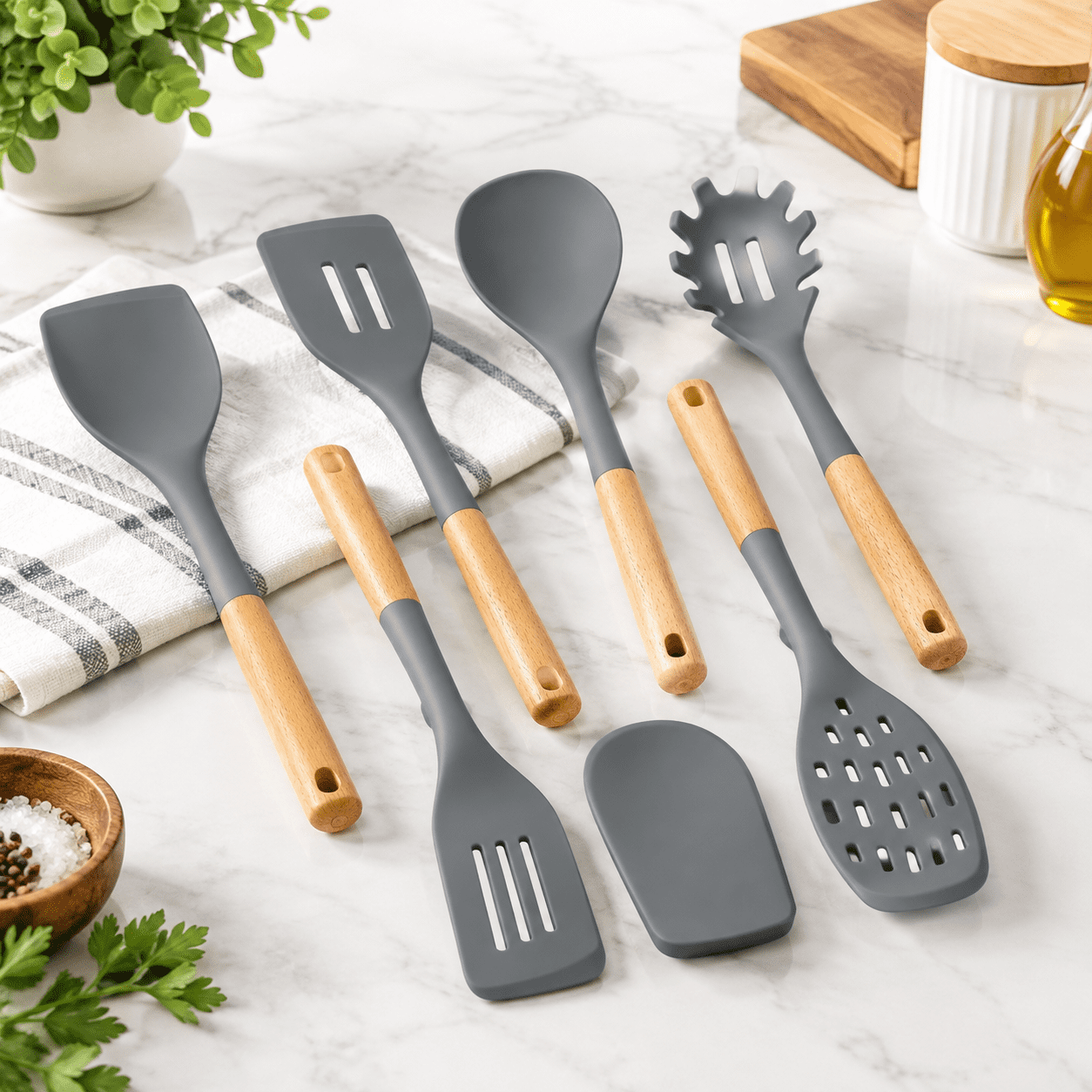 Gray Silicone Cooking Utensil Set, 7-Piece Kitchen Utensils for Baking ...