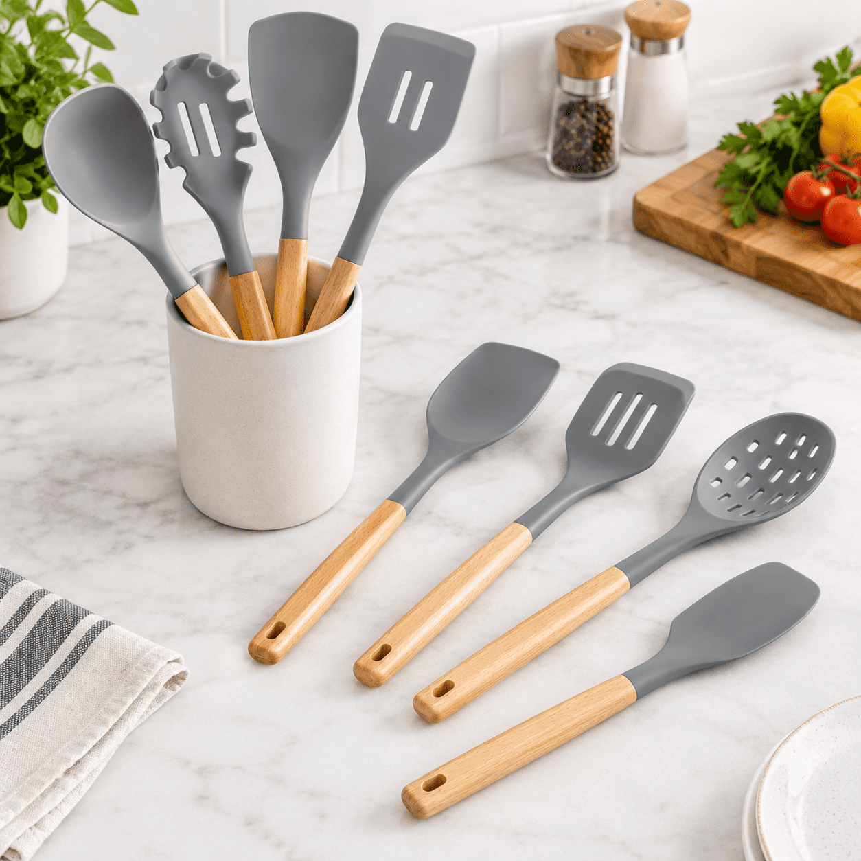 Gray Silicone Cooking Utensil Set, 7-Piece Kitchen Utensils for Cooking ...