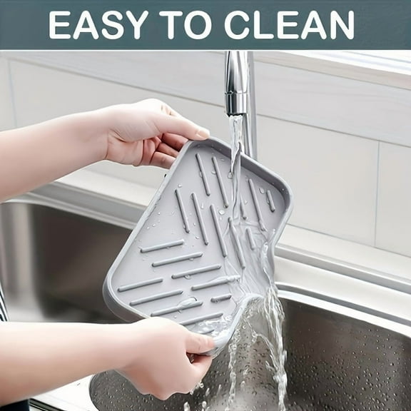 Gray Silicone Sink Protector & Soap Tray – Non-Slip Counter Mat with Drainage for Kitchens, Bathrooms & Laundry Areas, 9.45 x 5.9 Inch