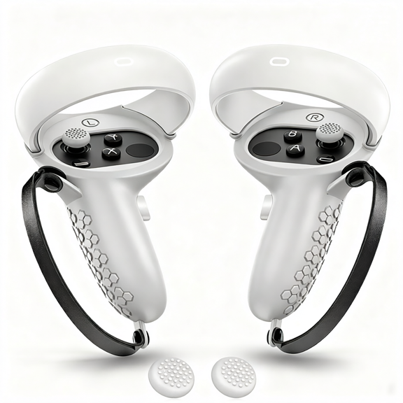 Gray Silicone Touch Sleeve VR Handle Protector Compatible with Oculus Quest 2 Anti Drop Adjustable Hand Strap Thumbstick Caps