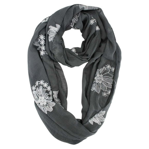 Gray Silky Lightweight Circle Scarf With Floral Embroidery