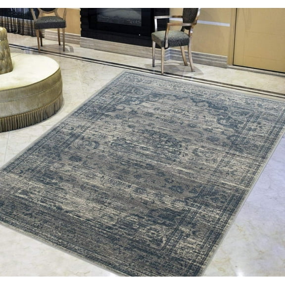 Gray/Silver/Navy Oriental Persian Floral Pattern Distressed – Modern Vintage Area Rug