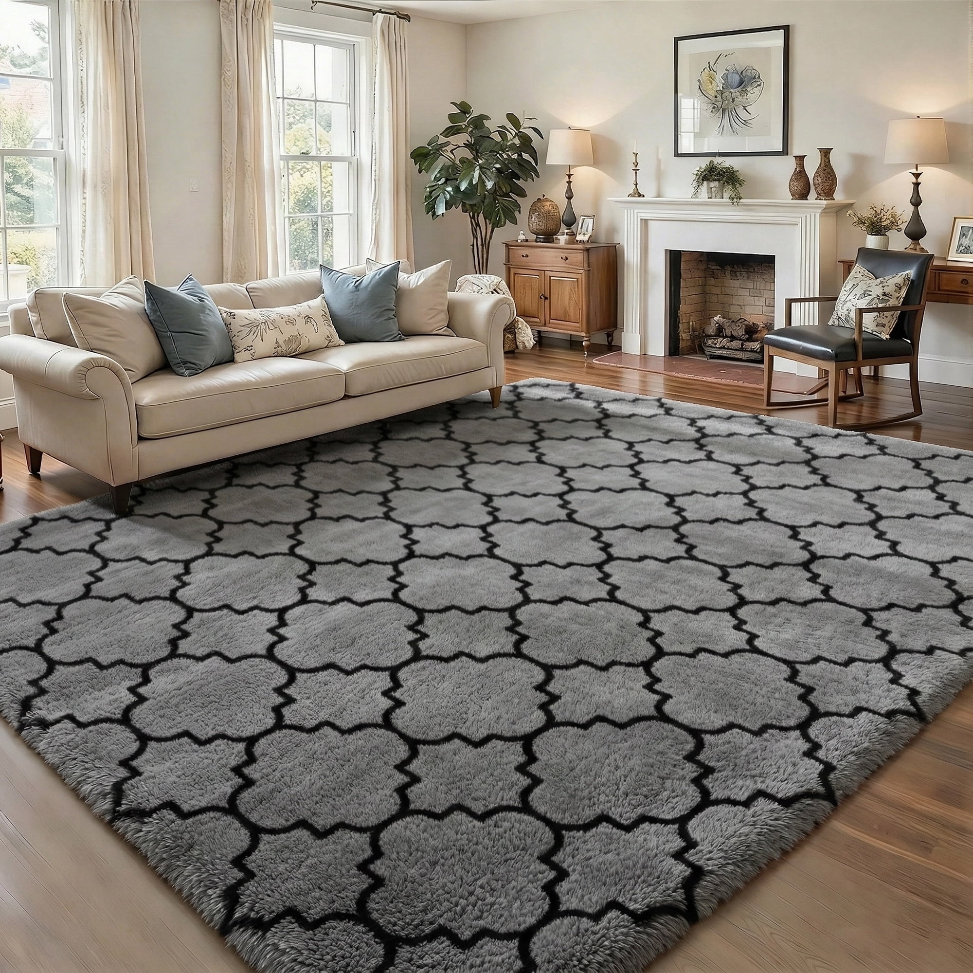 Pentantan Shag Area Rug, 5ft x 8ft Geometric Soft Fluffy Rugs for Living Room Bedroom Indoor Carpet, Gray & Black