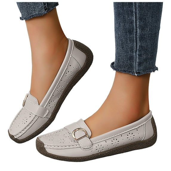 Loafers for Women Classic Leather Square Toe Casual Slip On Flat Dress Shoes Comfortable Hollow Out Soft Sole Walking Shoes Gray Size 6.5
