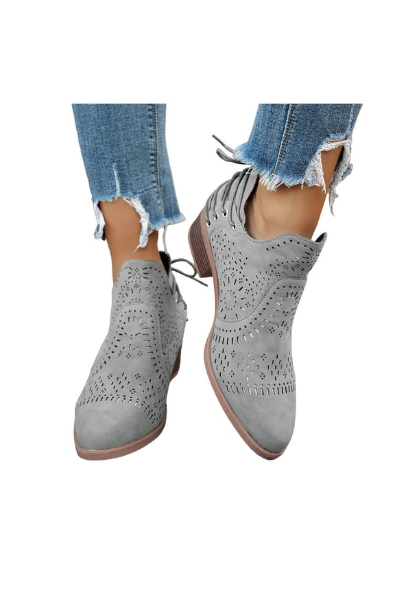 Women's Pointed Toe Slip On Ankle Boots Chunky Low Heel Fashion Back Lace up Hollow Out Casual Dress Shoes Gray Size 8