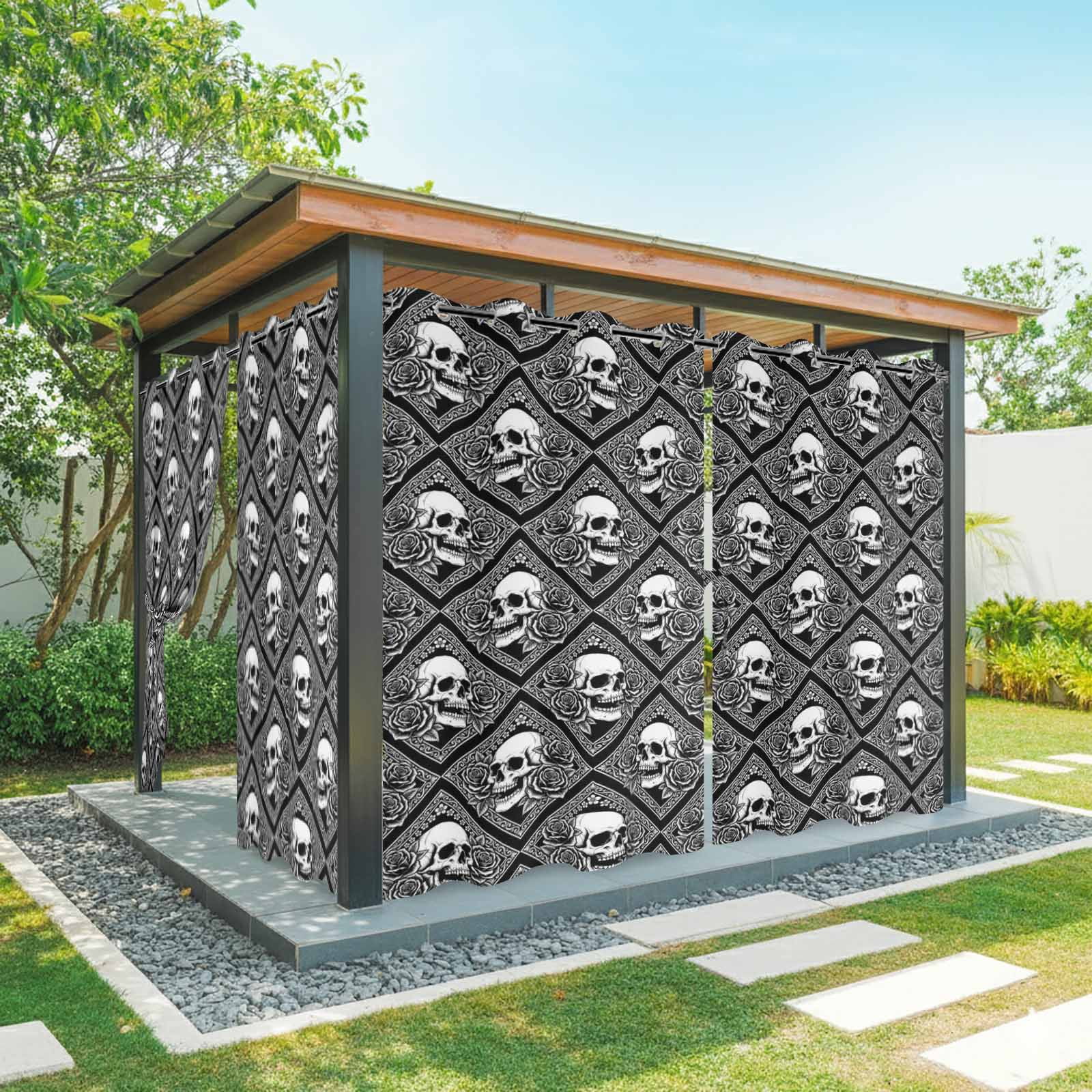 Gray Skulls Outdoor Curtains for Patio, Abstract Baroque Dark Rose Rustic Plants Farmhouse Sunshade Privacy Drapes Grommet Waterproof Outside Curtains for Porch/Cabana/Balcony 54"x 108", 1 Panel