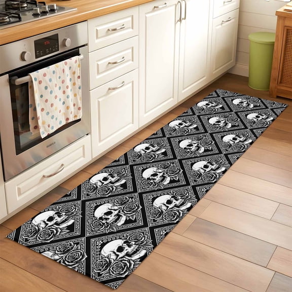 Gray Skulls Runner Rug for Hallway 2x6ft, Abstract Baroque Dark Rose Rustic Plants Farmhouse Non Slip Floor Mat Washable Low-Profile Indoor Carpet for Living Room, Bedroom, Dining Room