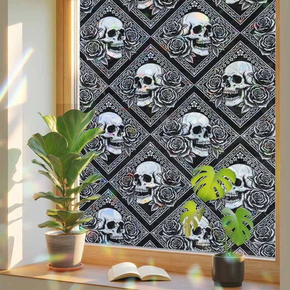 Gray Skulls Window Privacy Film, Abstract Baroque Dark Rose Rustic Plants Farmhouse Stained Glass Rainbow Film Decorative Window Clings, Static Cling Sun Blocking Stickers 17.7" x 39.3"