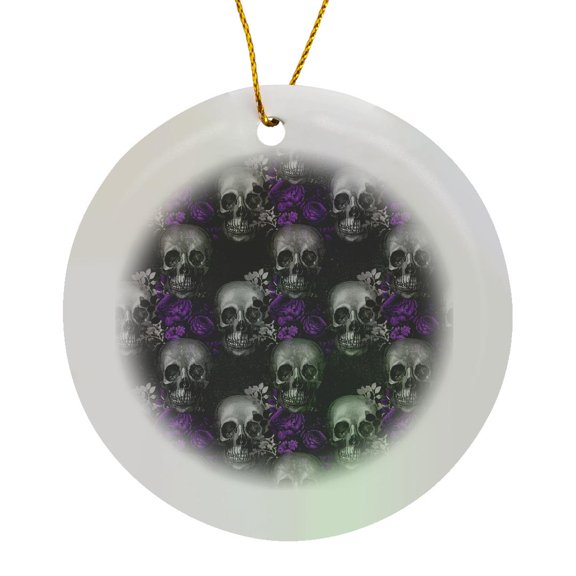 3drose, Gray Skulls with Purple Flowers Pattern, Circle Porcelain Ornament