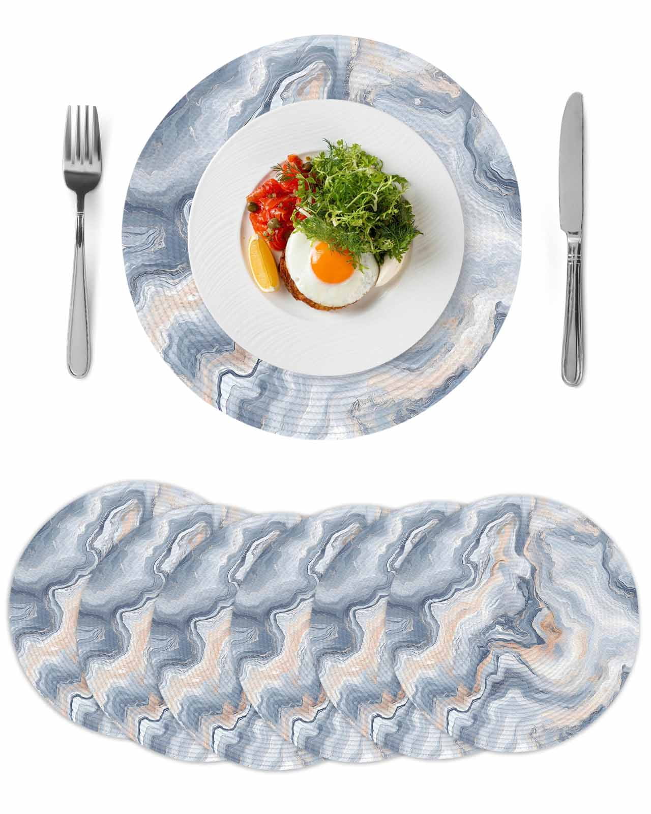 Gray Slate Blue Round Table Placemats set of 6, Abstract Marble Textured Washable Woven Place Mats for Dining Tables Kitchen Party Decor,Heat Proof, 13in,