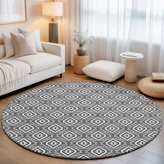 Gray Slate Diamonds 3.3' Round Rug for Bedroom Reading Corner, Abstract Vintage Minimalist Geometric Grid Washable Non Slip Circle Area Rug