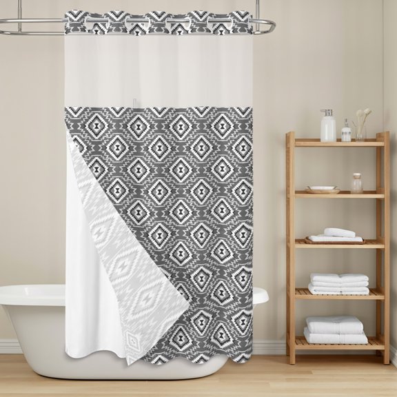 Gray Slate Diamonds No Hook Shower Curtain with Snap in Liner, Abstract Vintage Minimalist Geometric Grid Waterproof Shower Curtains with See Through Top Window Liner for Bathroom, 36x78 Inches