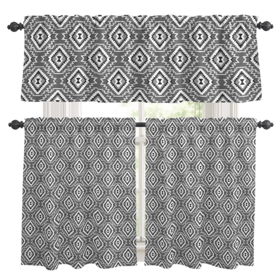 Gray Slate Diamonds Kitchen Curtains Valance and Tier Set Abstract Vintage Minimalist Geometric Grid Rod Pocket Short Curtains for Small Window 3 Pieces Set for Bedroom (54" x 18"+27" x 24")