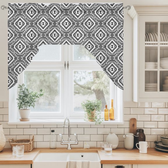 Gray Slate Diamonds Swag Valance for Windows, Abstract Vintage Minimalist Geometric Grid Swag Curtains Valances for Small Window Treatment Rod Pocket for Kitchen Bathroom 1 Panel 56x36in
