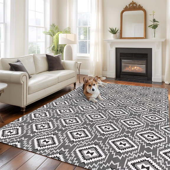 Gray Slate Diamonds Washable Area Rug 8x10 Abstract Vintage Minimalist Geometric Grid Low-Profile Large Area Rugs Non Slip Indoor Floor Carpet for Entrance Living Room Bedroom Home Office