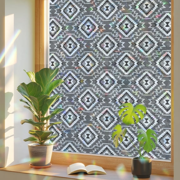 Gray Slate Diamonds Window Privacy Film, Abstract Vintage Minimalist Geometric Grid Stained Glass Rainbow Film Decorative Window Clings, Static Cling Sun Blocking Stickers 17.7" x 78.7"