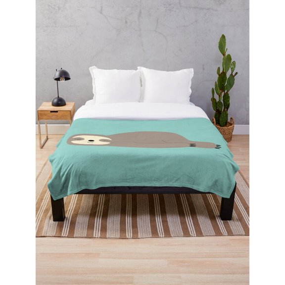 Gray Sloth on Teal Fleece Blanket, 280 GSM Polyester Fleece Fabric, Animal Theme for Couch or Bed