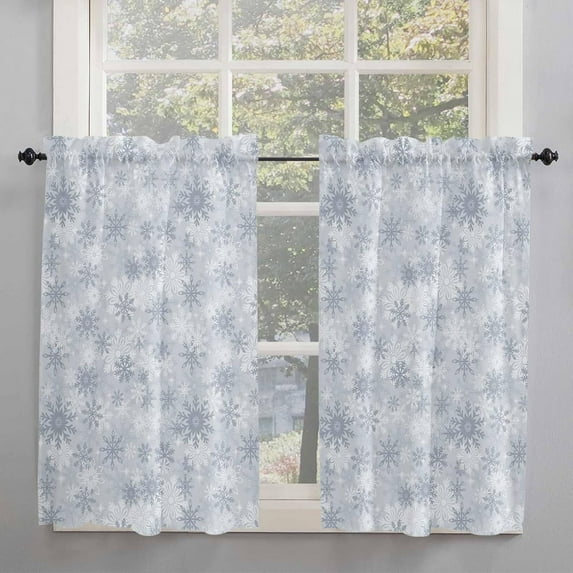 Gray Snowflake Christmas Window Short Curtains 54 Inch Length, Winter Holiday Xmas Snow Rod Pocket Window Treatment Kitchen Drapes for Bedroom, Cafe, Living Room, 2 Panels, 42 W x 54 L