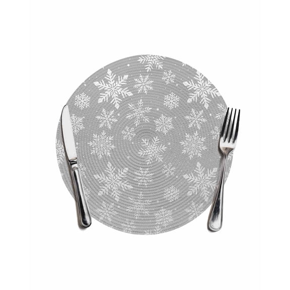 Gray Snowflakes Pattern Christmas Round Table Placemats 1 pc, Vintage White Winter Washable Woven Place Mats for Dining Tables Kitchen Party Decor,Heat Proof, 13in,