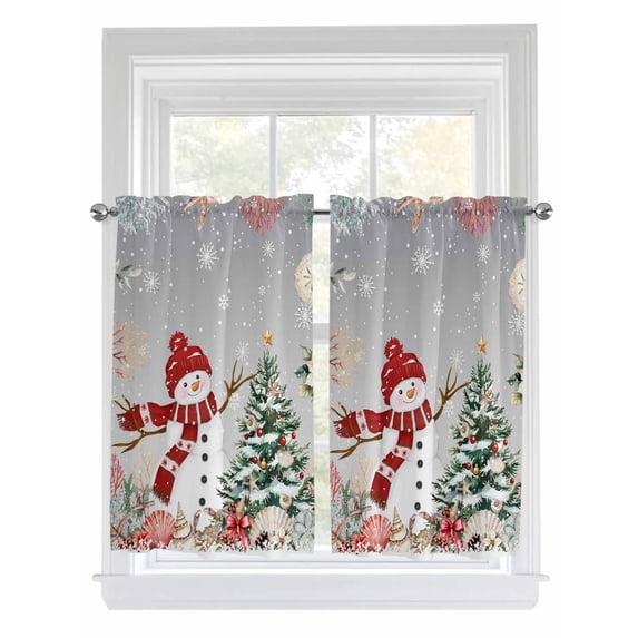 Gray Snowman Christmas 2 Panel Kitchen Curtains for Windows, Xmas Tree Coastal Snowflake Starfish Bathroom Privacy Curtain, Home Décor Window Treatment for Bedroom/Living Room 55"x45"