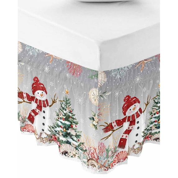 Gray Snowman Christmas Bed Skirt Queen Size 16 Inch Drop, Wrap Around Bed Skirts, Xmas Tree Coastal Snowflake Starfish Elastic Bedskirt Pleated Bed Frame Cover Luxurious Dust Ruffle for Queen Bed