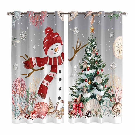 Gray Snowman Christmas Kitchen Curtains Window Panels, Xmas Tree Coastal Snowflake Starfish Insulated Window Treatment Curtain, Grommet Curtains for Bedroom/Living Room/Bathroom, 2 Piece 52"Wx84"L
