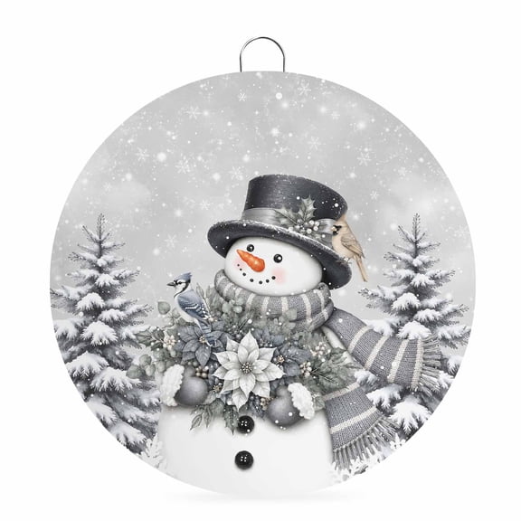 Gray Snowman Welcome Sign for Front Door 8 in Slate Silver Gray Poinsettia Sky Snowy Pine Trees Round Metal Sign Wall Hanging Sign for Indoor Outdoor Farm Home Porch Wall Decor Winter Gift