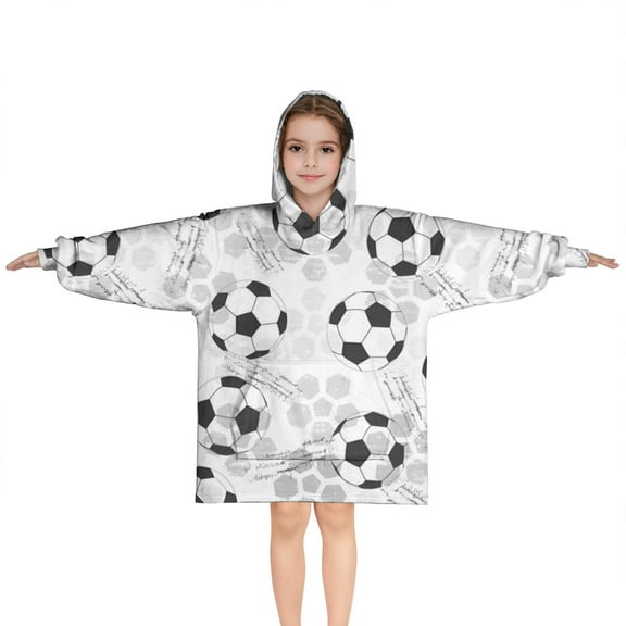 Gray Soccer Balls Pattern Blanket Hoodies for Kids 6-13YR Oversize Wearable Blanket Hoodies for Boys Girls Teens