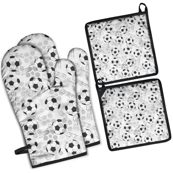 Gray Soccer Balls Pattern Kitchen Oven Mitt and Pot Holder Sets 2 Pcs for Baking, Cooking and Grilling, Heat Resistant Up To 392 °F