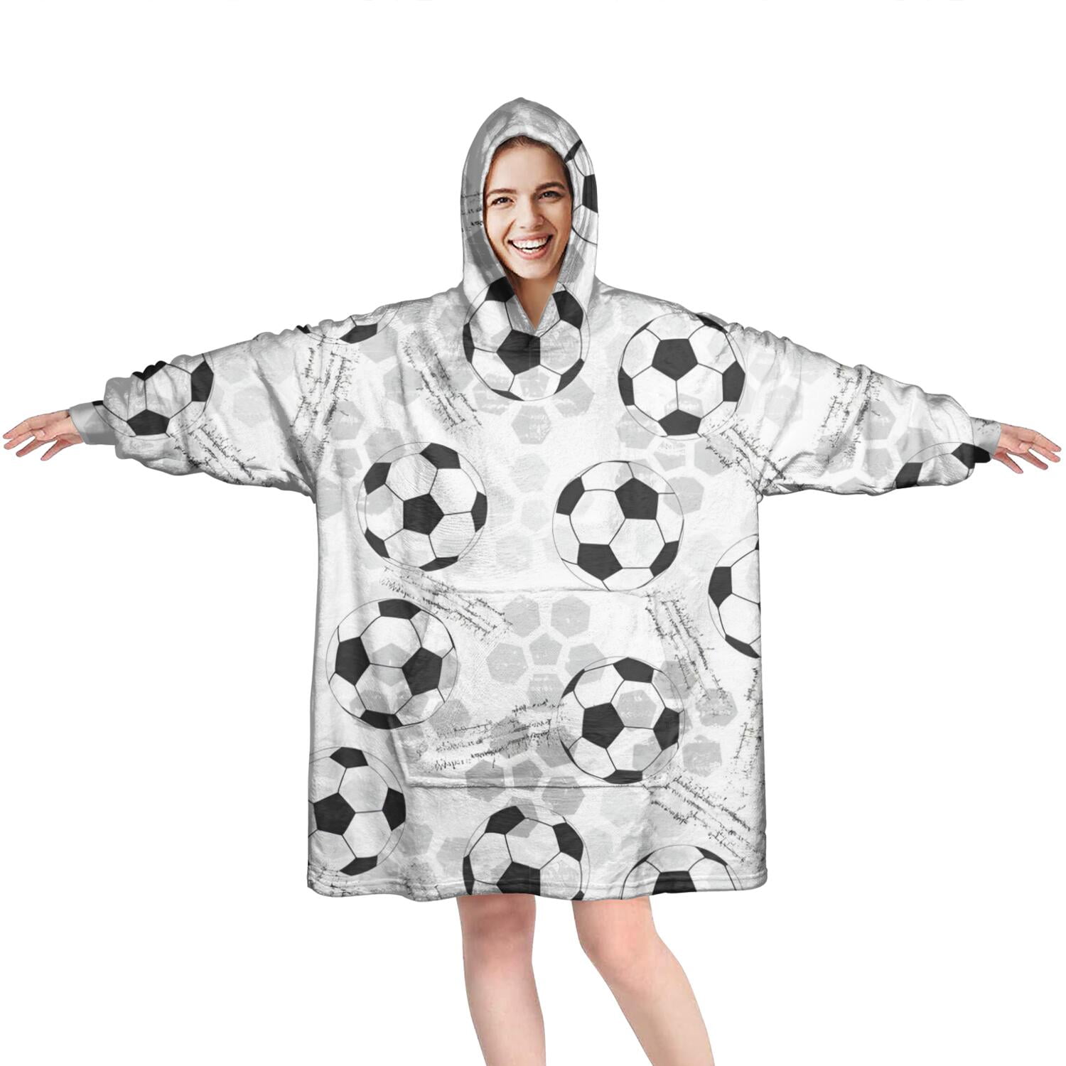 Gray Soccer Balls Pattern Wearable Oversized Blanket,Wearable Blanket Hoodie for Adults,Cozy Hooded Blankets with Super Pockets,Super Warm Fuzzy Pullover for Women & Men