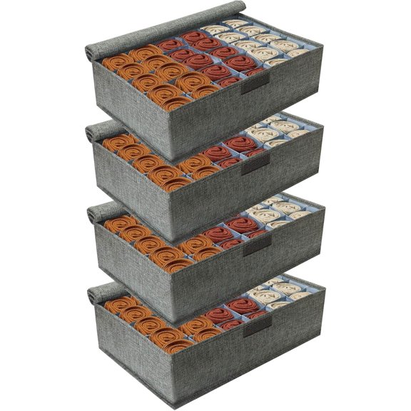Gray Sock Organizer Divider 4 Pack with Lid - 30 Cell Foldable Closet Storage, Tie Organizer For Men Boxes for Socks, Ties, Belts