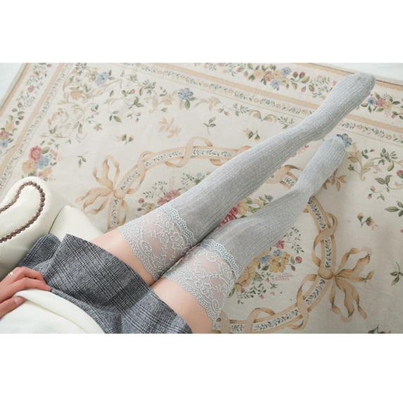 Gray Socks for Women Lace Trim Thigh High Over The Knee Socks Long Cotton Warm Stockings on Sale Clearance