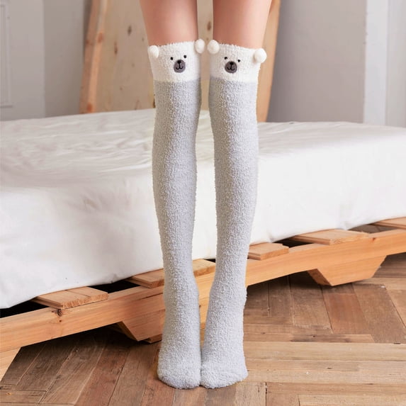 Gray Socks for Women's Cartoon Fuzzy Socks Winter Warm Over Knee High Socks Home Thigh-High Warm Socks Leggings on Sale Clearance
