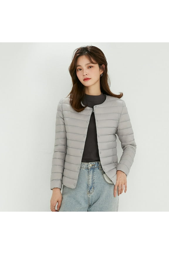 Gray Solid Color Jackets, Polyester Light Weight Short Down Jacket, Women's Packable Ultra Light Weight Short Down Jacket, L
