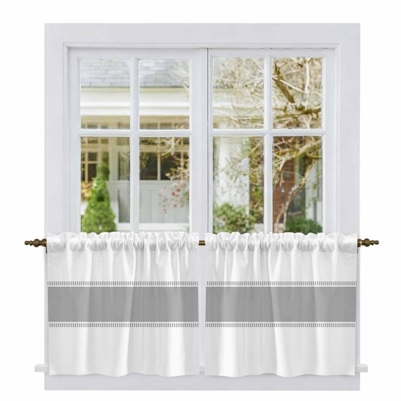 Gray Solid Color Texture Tier Curtains, Simple Grey Stripes Light Filtering Kitchen Curtains, 2Pcs Rod Pocket Half Window Treatments Panels for Sink Cafe Cabinet Camper 27.5x24 Inches