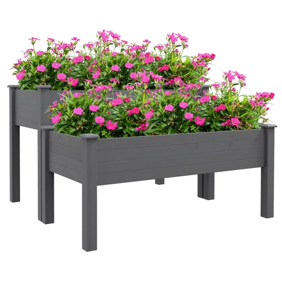 Gray Solid Fir 2-Tier Elevated Wooden Raised Garden Bed with Legs, 45.25"45"30" Double Independent Rectangular Planter Boxes with Drain Holes for Patio Balcony Vegetable Herb Flower Planting