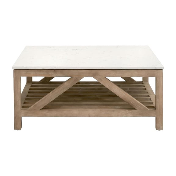 Gray Solid Pine Wood Coffee Table with Quartz Top and Open Shelf