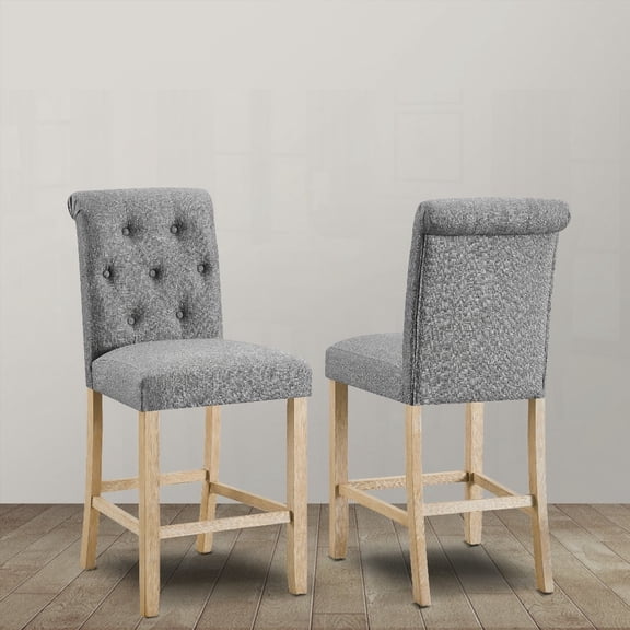 Gray Solid Wood Counter Height Stools - Set of 2 with Button Tufted Back and Padded Seat