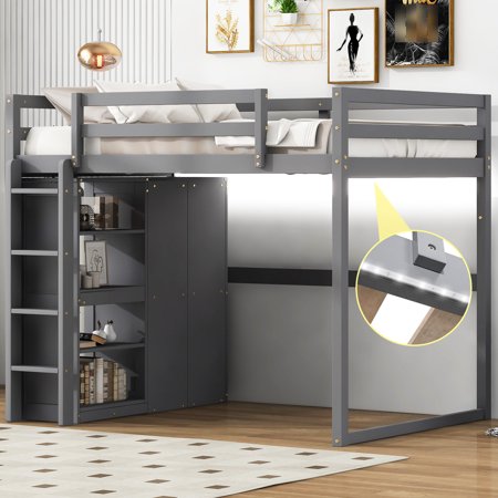 Gray Solid Wood Loft Bed | For Bedroom with Wardrobe, Storage and LED | Offer Safe and Functional Living Space