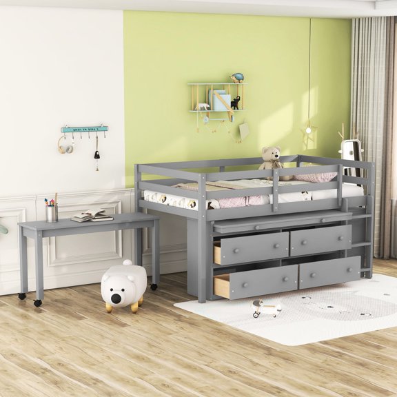 Gray Solid Wood Loft Bed | Space for Study and Storage | Family Sleep Area
