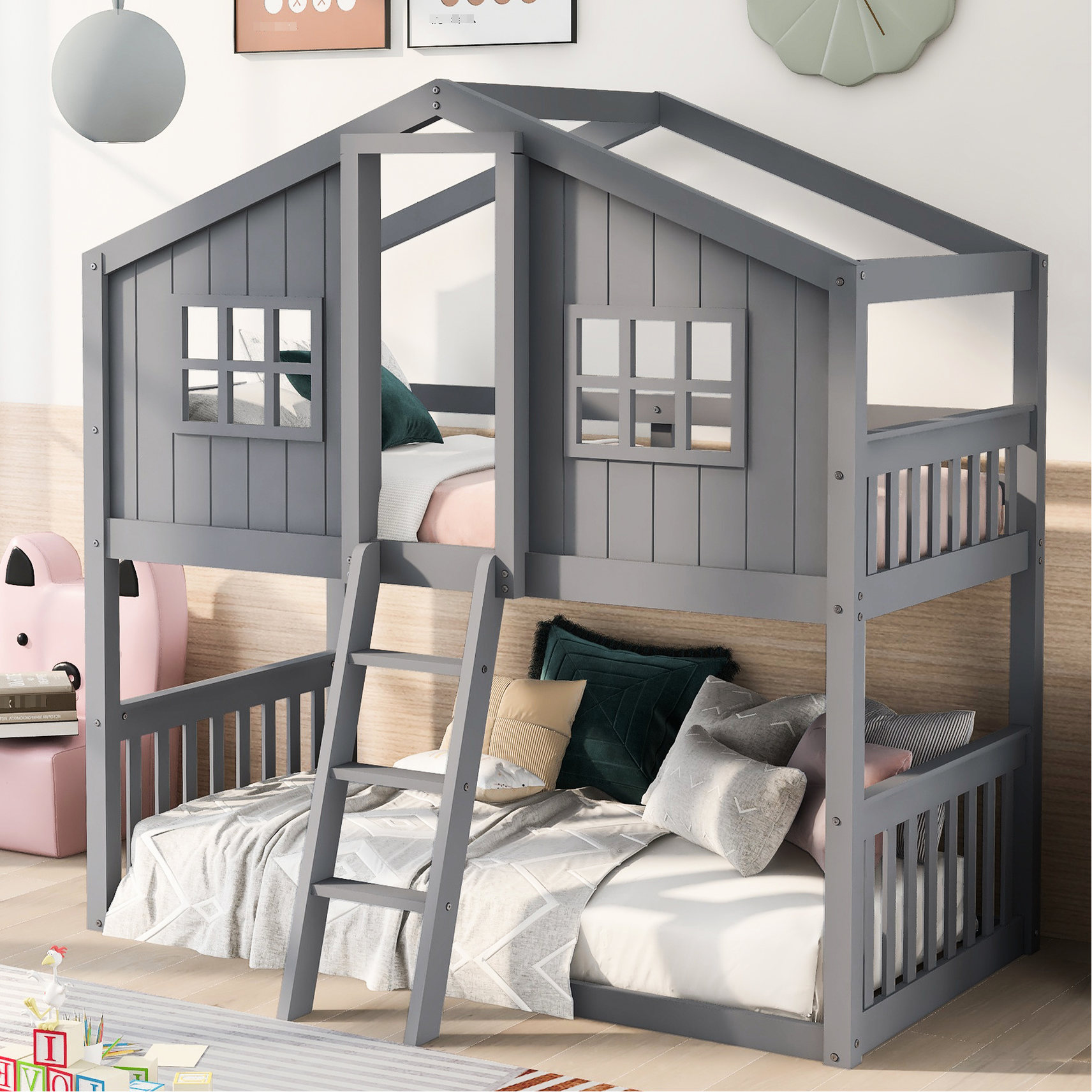 Gray Solid Wood Twin Over Twin Bunk Bed / Double as a Play and Sleep ...