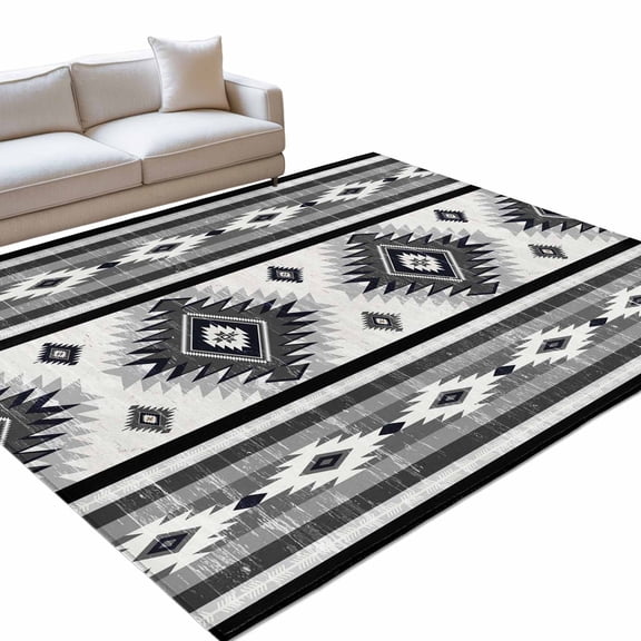 Gray Southwestern Area Rug, Native Aztec Ethnic Style Geometric Non-Slip Felt Rubber Backing Rectangle Indoor Carpet Washable Rugs for Living Room Bedroom 9x12