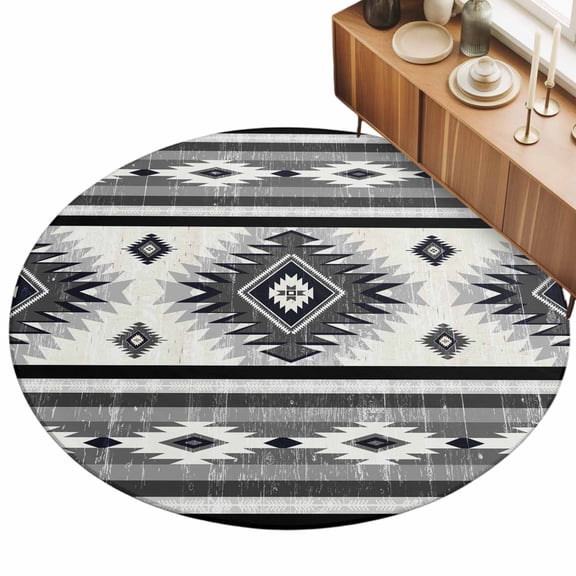 Gray Southwestern Area Rug, Native Aztec Ethnic Style Geometric Non-Slip Felt Rubber Backing Round Indoor Carpet Washable Rugs for Living Room Bedroom 3ft