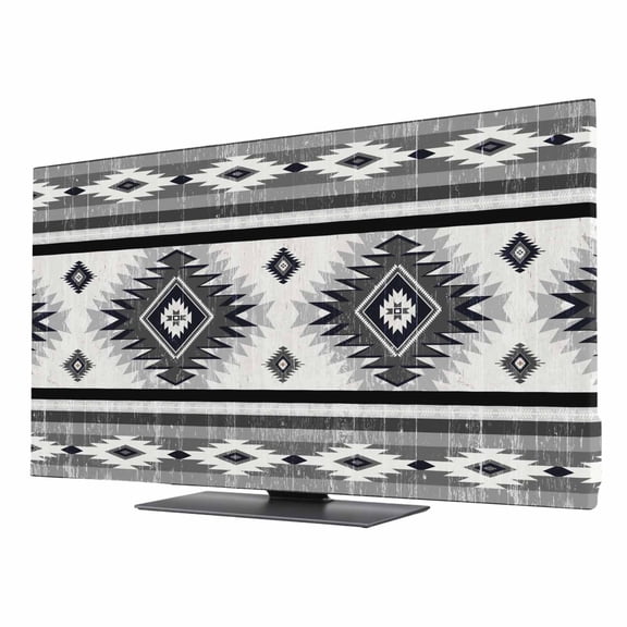 Gray Southwestern TV Dust Cover 24 Inch, Native Aztec Ethnic Style Geometric Computer Monitor Cover Dustproof Stretchable Indoor TV Screen Protector for LED LCD Universal Monitors