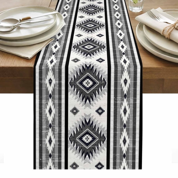 Gray Southwestern Table Runner 13 x 48 Inch, Native Aztec Ethnic Style Geometric Washable Cotton Linen Dining Table Runner Tabletop Decorations for Restaurant Home Kitchen Party