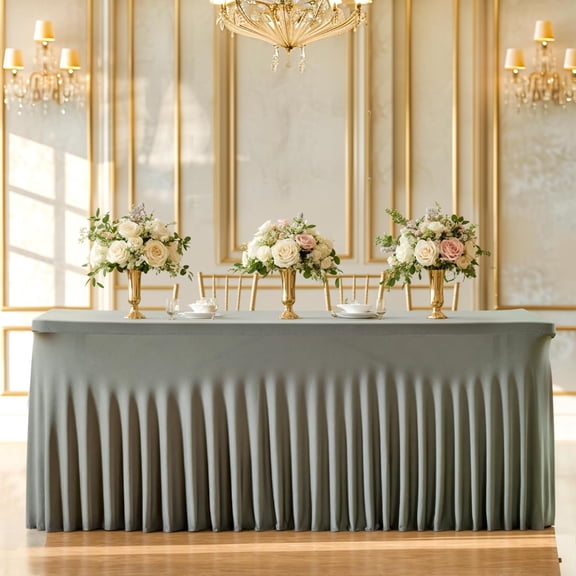 Gray Spandex Tablecloth for 8ft Rectangle Tables, Stretchable Table Cover Skirt for Folding Tables Weddings Parties Banquets Events Trade Shows and Dessert Table