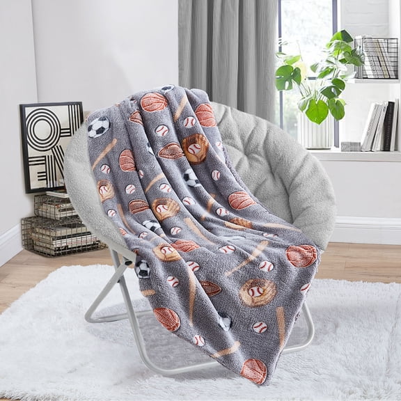 Gray Sports, Kids Sherpa Throw Blanket, Glow in the Dark, 50”x 60”, by Your Zone